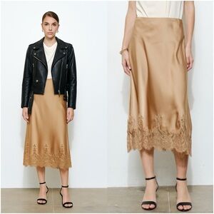 Elegant Gold Satin Skirt with Lace Trim